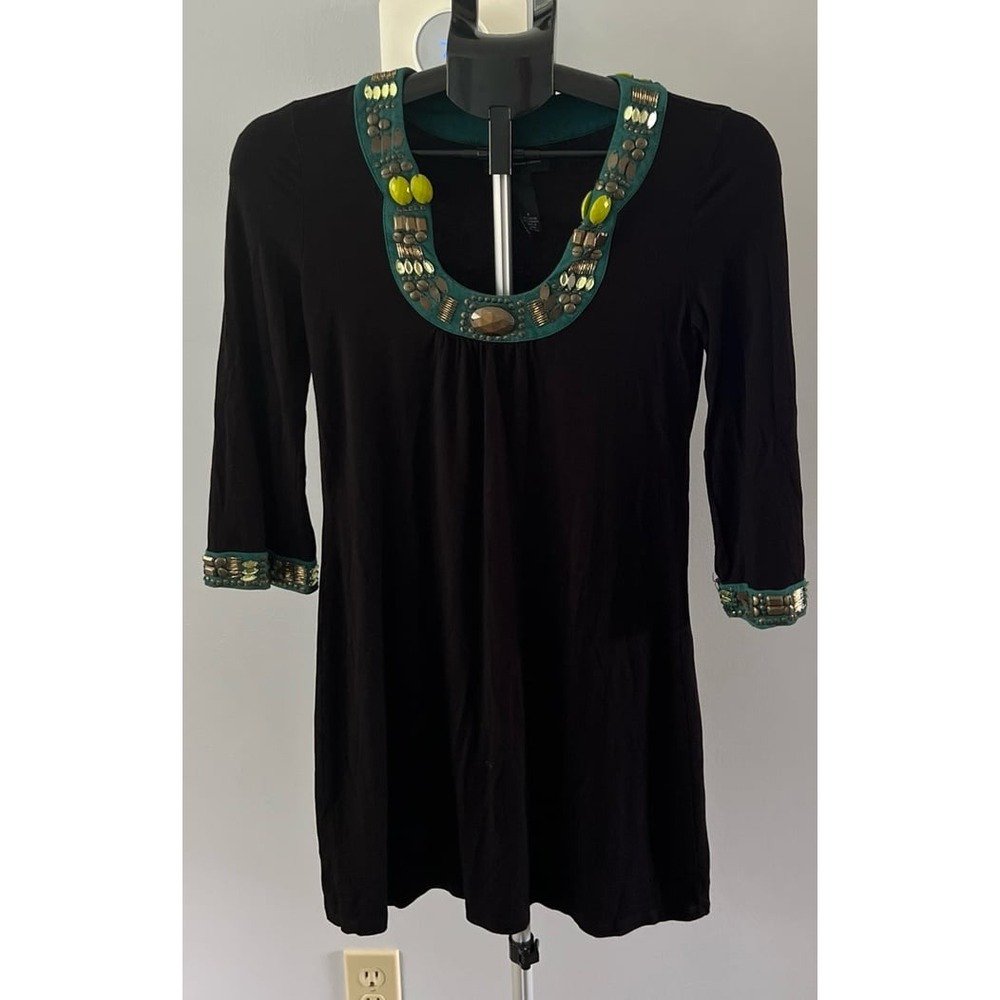International Concepts Women's Black Teal Gold Beads Quarter Sleeve Dress Size P